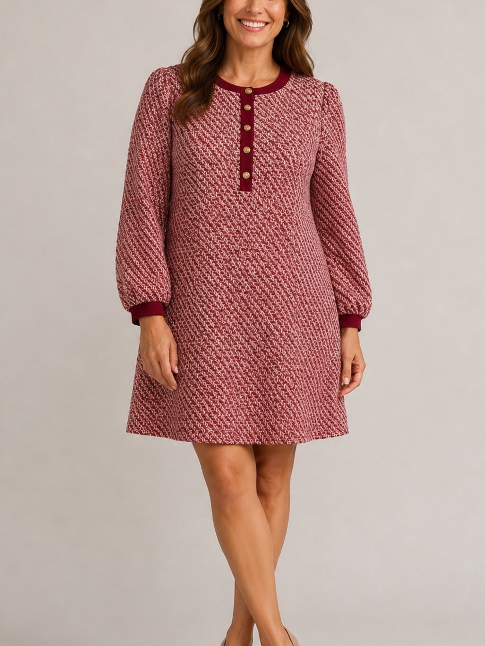 Shop The Mint Tweed Dress XL Burgundy Gold Button Puff Sleeve